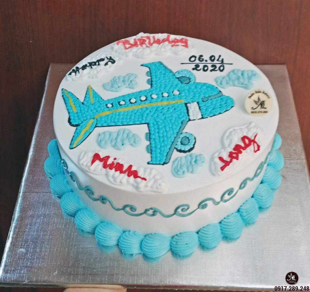 Bánh kem sinh nhật màu trắng in hình chiếc máy bay màu xanh ngộ ...