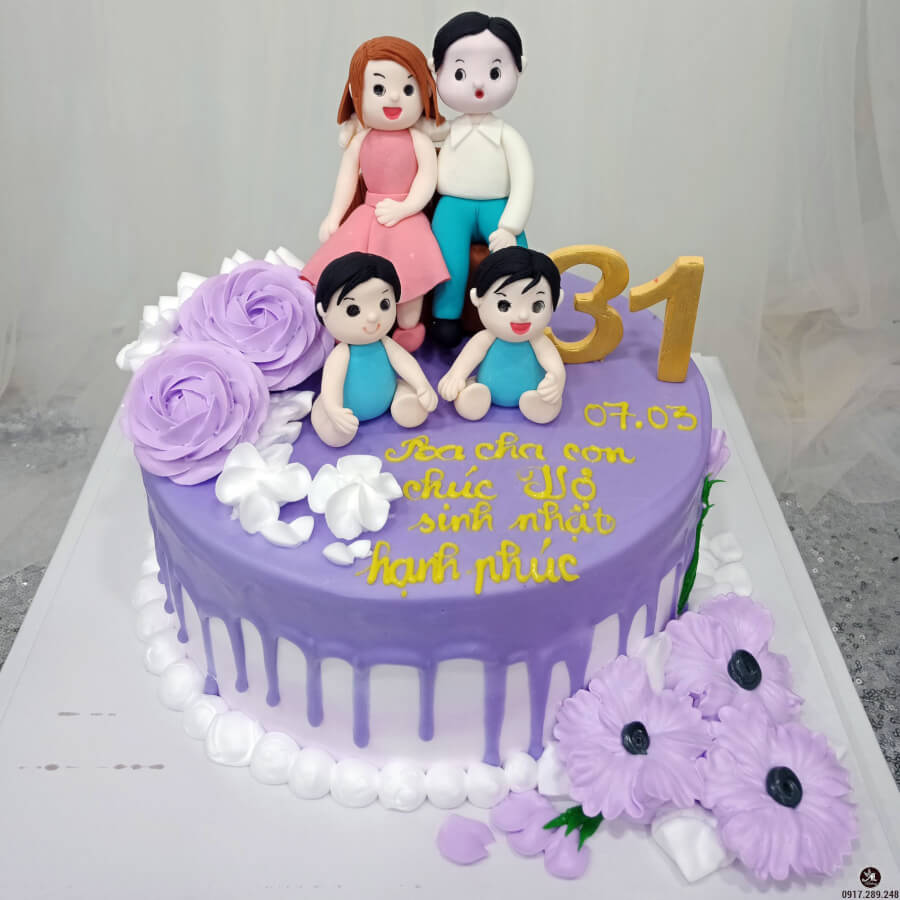 Bánh kem sinh nhật color tím hình mái ấm gia đình 4 người niềm hạnh phúc - Bánh ...